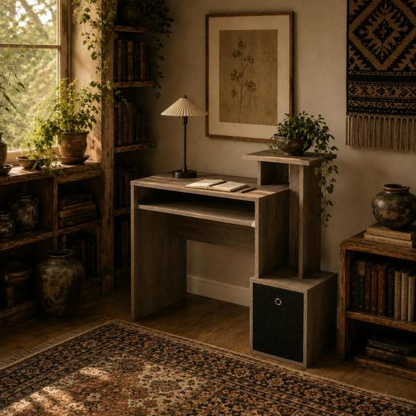 Wyld Haus Ramo 100cm Wooden Grey Home Office Desk With Keyboard Tray Drawer And Side Shelving