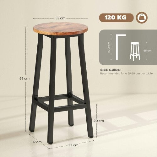 Wyld Haus Rema Set Of 2 Rustic Brown Industrial Round Bar Stools With Footrest 65cm