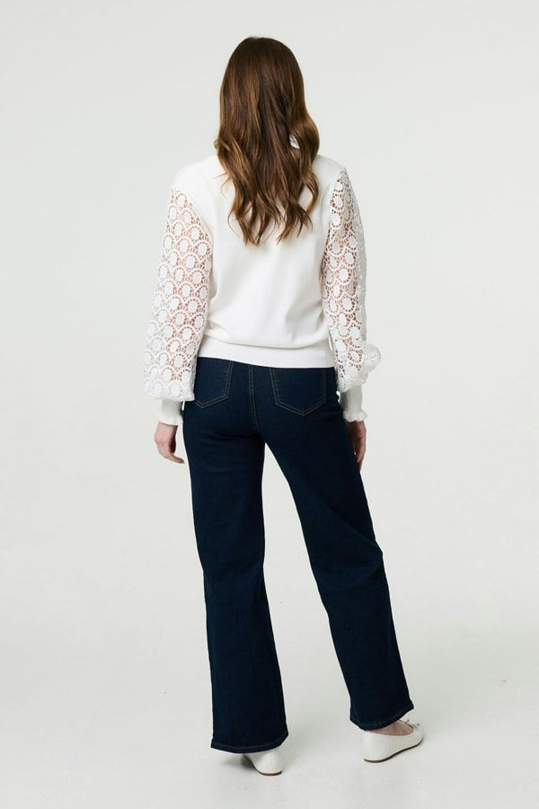White | Sheer Lace Sleeve Knitted Jumper
