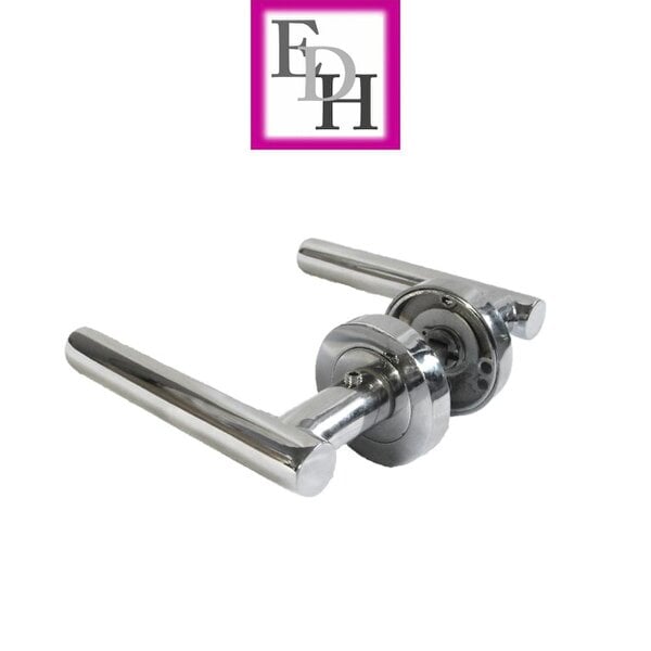 EDH Door Hardware Modern Chrome Straight T-Bar Door Handles with Round Rose + Tubular Latch
