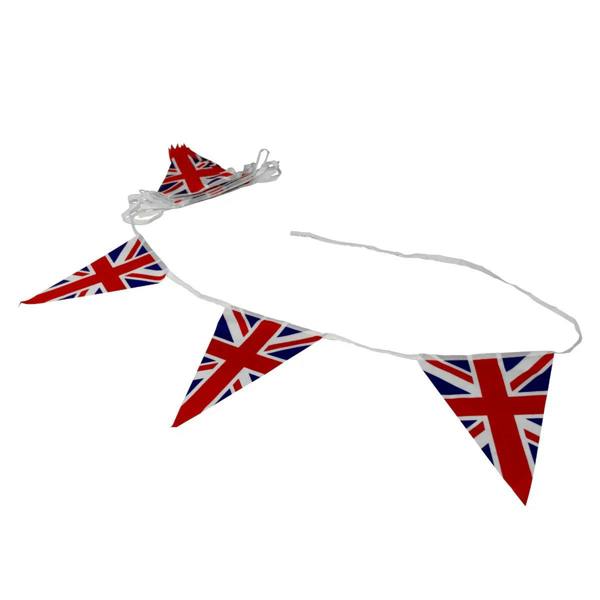 Union Jack flag bunting featuring vibrant red, white, and blue triangular flags, perfect for patriotic celebrations and events