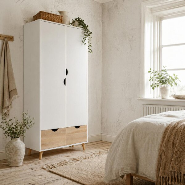 Wyld Haus Belamar White and Natural 2 Door Wardrobe With Hanging Rail 2 Drawers And Wooden Legs