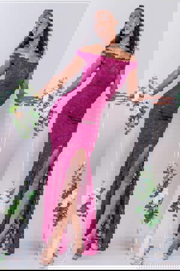 Lace Scallop Edge Mermaid Maxi Dress - Burgundy DR3890