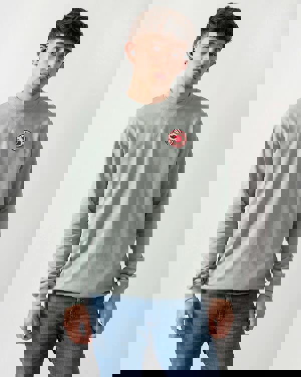 studio shot of a model wearing a Fjallraven 1960 Logo Badge Mens Sweatshirt in Misty Green 674