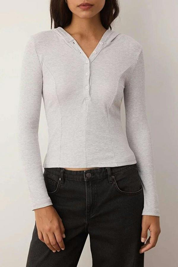 WOVCOR Ribbed Buttoned Knit Blouse with Hood