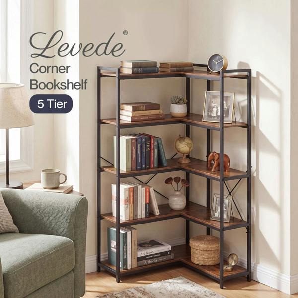Levede Corner Bookcase 5-Tier L-Shaped Bookshelf Space-Saving Spice Walnut Black Metal