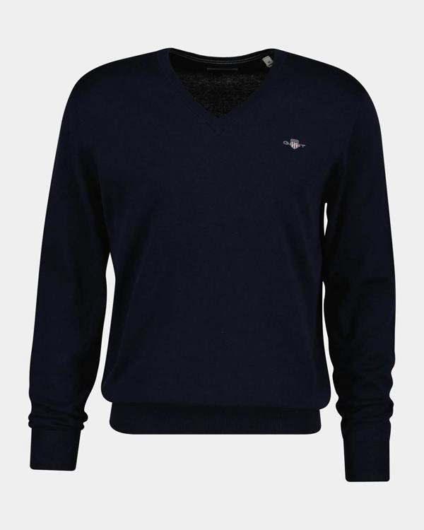 GANT Mens Classic Cotton Shield Logo V-Neck Jumper - 433 Evening Blue | CHO | Designer Mens V-Neck Jumpers