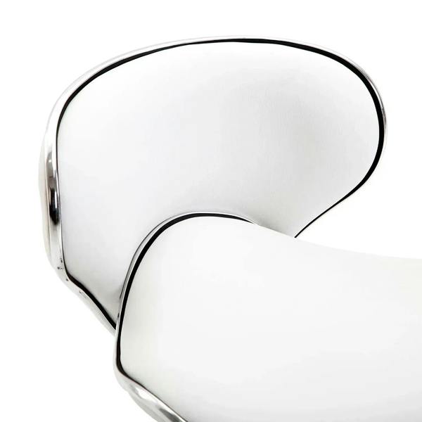 White vinyl salon stool with rounded backrest and chrome base frame.