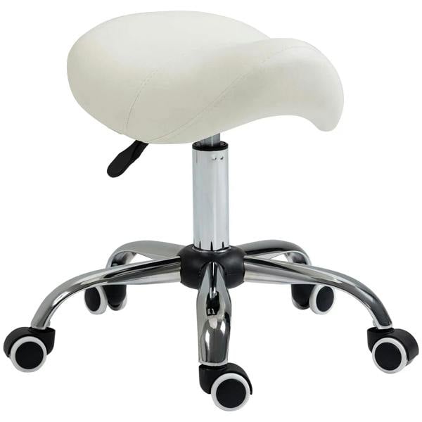 Cream faux leather saddle stool with chrome base, swivel, and rolling casters