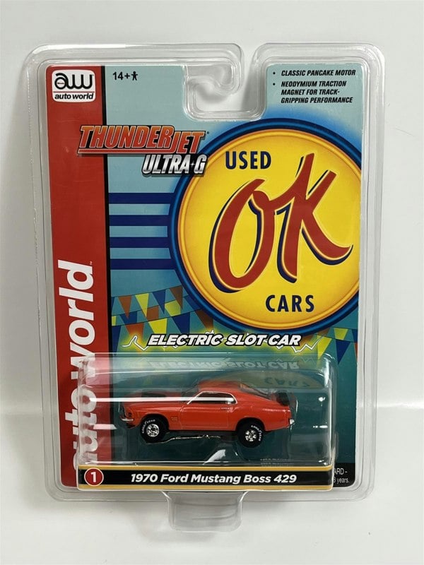 Auto World Slot Cars 1970 Ford Mustang Boss 429 Orange Thunderjet Ultra G HO Slot Car SC377-1