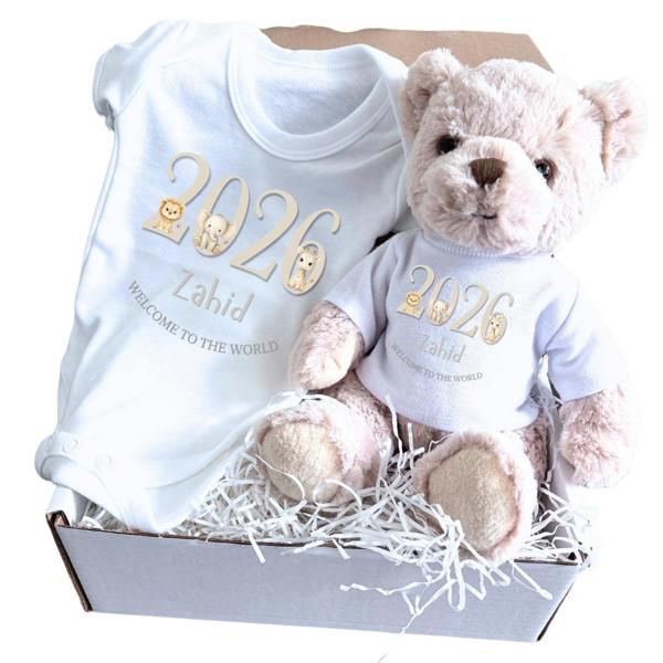 Personalised Taupe Welcome to the World Jungle Baby Gift Box - Teddy & Baby Vest