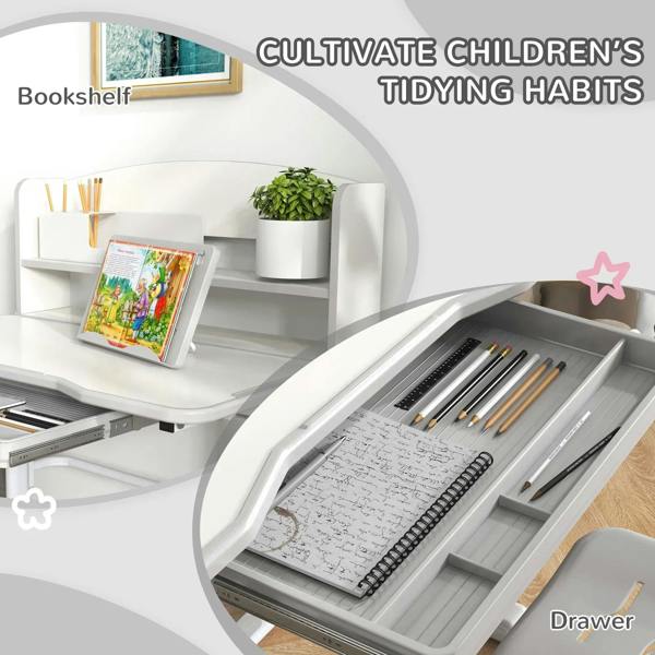 Grey desk drawer with stationery organizer and open storage shelf
