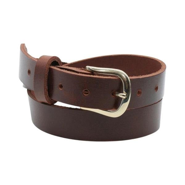 Brown leather belt with a silver buckle on a white background