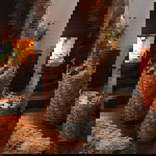 Ivyline Woven Round Rattan Log Basket with Handles Set of 2