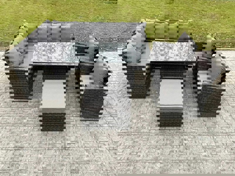 Fimous Dark Grey Mixed PE Rattan Outdoor Dining Set - Height Adjustable Lifting Table, Big Footstool & 2 Armchairs