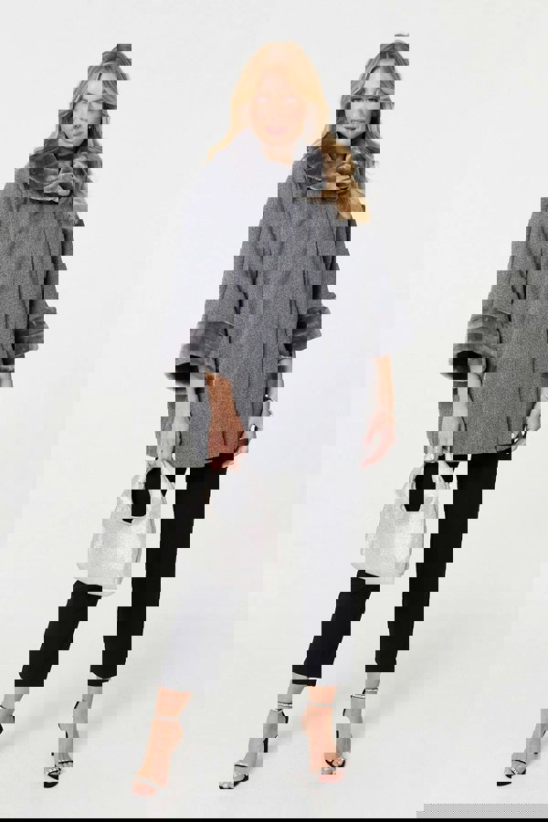 Grey | Faux Fur Trim 3/4 Sleeve Cape Coat