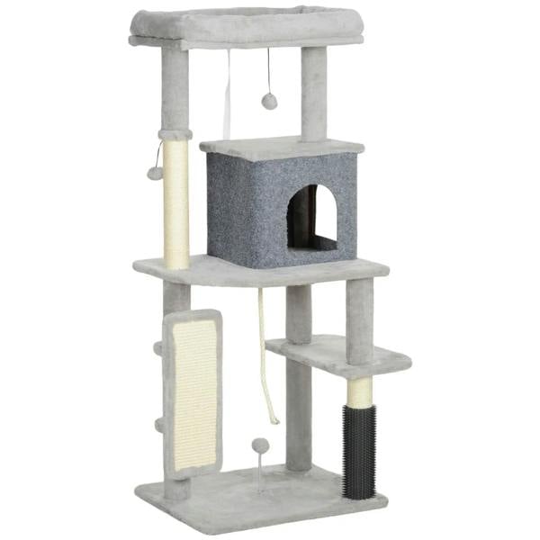 Light grey cat tree with platforms, cat bed, ramp, scratching posts, and hanging toy