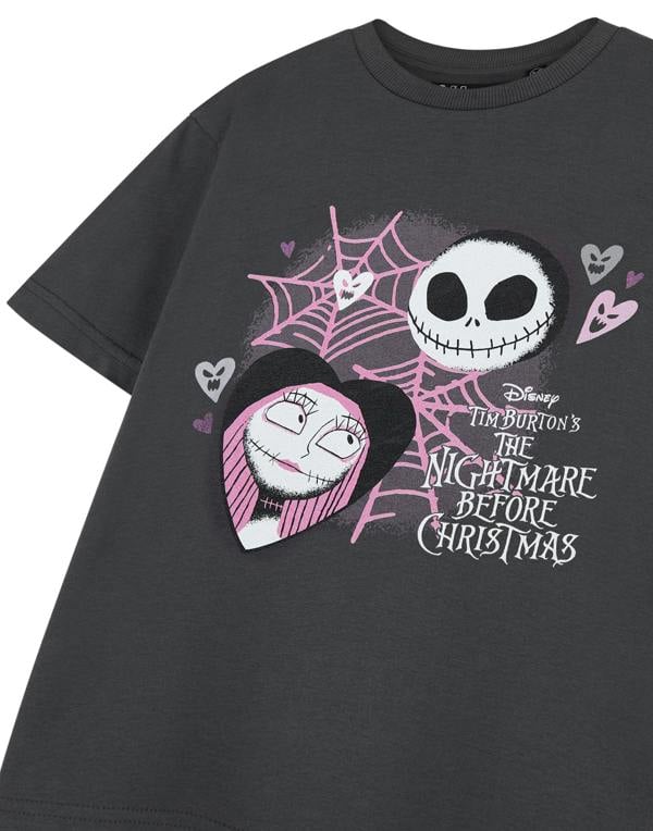 Disney The Nightmare Before Christmas Girls Grey Lovers Short Sleeved T-Shirt