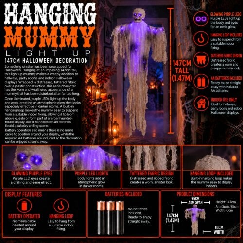 Samuel Alexander 1.47m Light Up Hanging Halloween Mummy with Purple LEDs