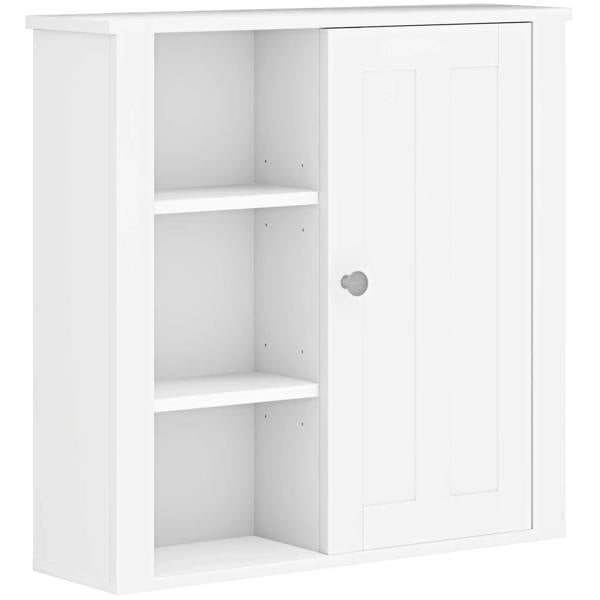 White bathroom storage cabinet with open shelves and two-door storage, round knob.