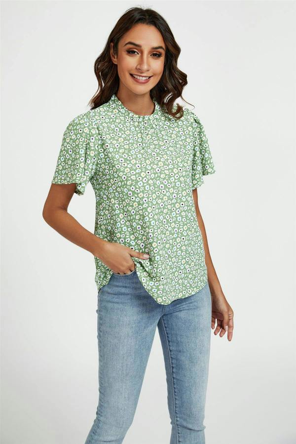 FS Collection Little Floral Print Angle Sleeve High Neck Top/Blouse In Green