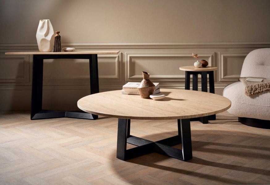 Cadiz Large Round Coffee Table with Natural Stone Travertine Top & Natural Black Oak Base by Gillmore British Design © GillmoreSPACE Limited