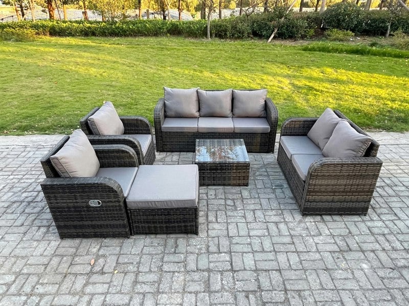 Fimous 8 Seater Garden Furniture Set Rattan Outdoor Lounge Sofa Chair With Tempered Glass Table Big Footstool Dark Grey Mixed