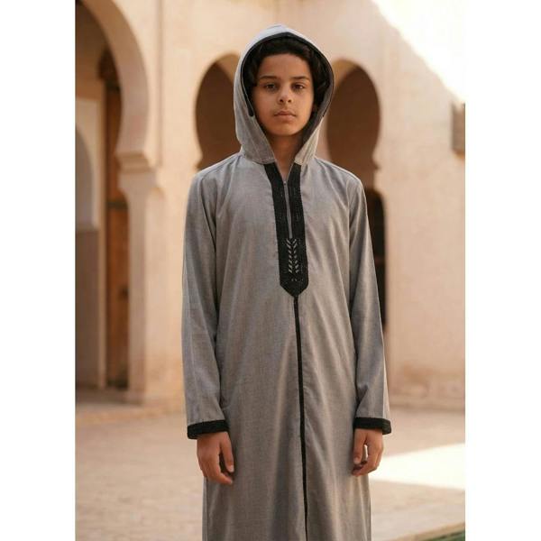 Boy's Moroccan Thobe Hooded Gandoura Embroidery Jubba - Grey - Thobez - 16