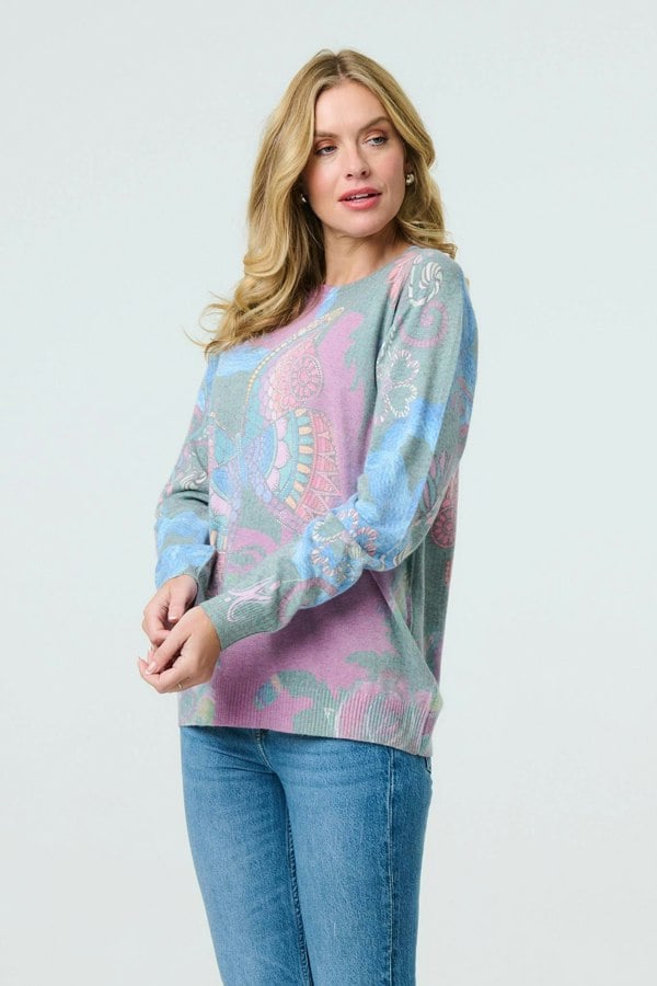 Blue | Abstract Print Stud Detail Knit Top
