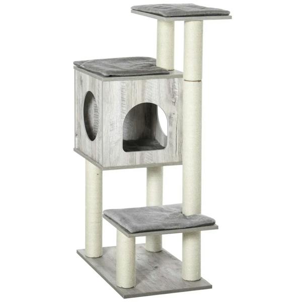 Grey cushioned cat tree with round cutout cubby, two perches, and sturdy base platform