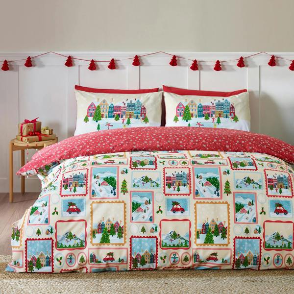 Catherine Lansfield Christmas Town Stamps Reversible Duvet Cover Set Natural