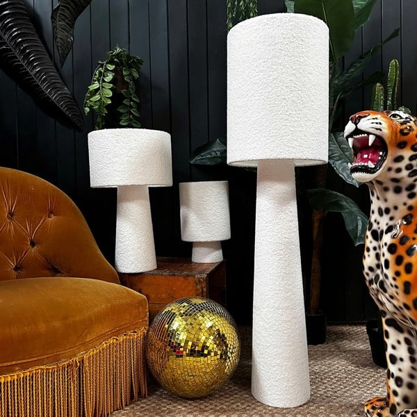 Love Frankie Statement Buttermilk White Boucle Portable Lamps. 3 sizes available with flex cable or rechargeable bulbs. Light Off