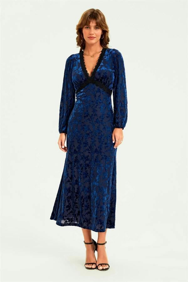 FS Collection Floral Velvet Devore Lace Trim Neckline Midi Dress In Navy