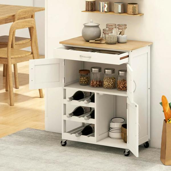 White rolling kitchen cart with open cabinets for cookware storage and shelves