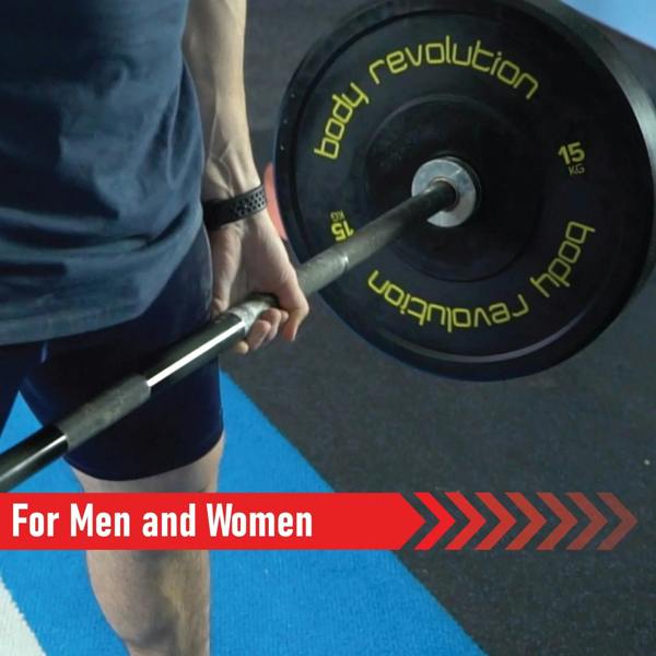 Black Olympic bumper plate with yellow lettering, held by a person, showcasing a weightlifting setup for men and women