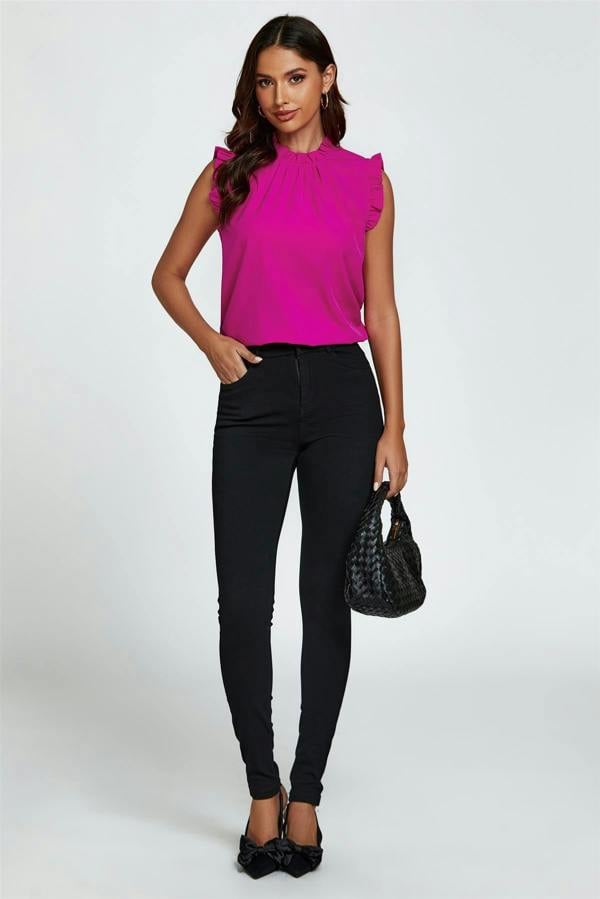 FS Collection Frill Trim Sleeve Frill Neck Blouse Top In Magenta