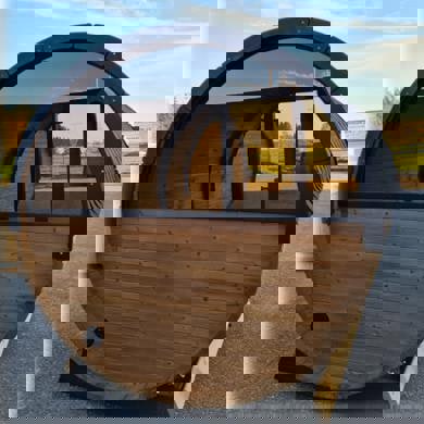 400cm Spruce Barrel Sauna | Thermowood | Terrace | Wood-Fired or Electric.