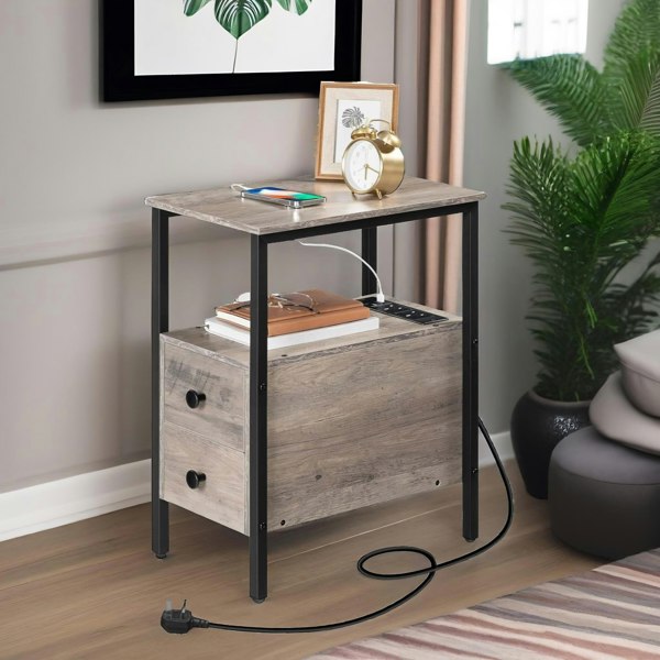 Rafaelo Mobilia Bedside Table with Power Outlet & USB Ports Greige