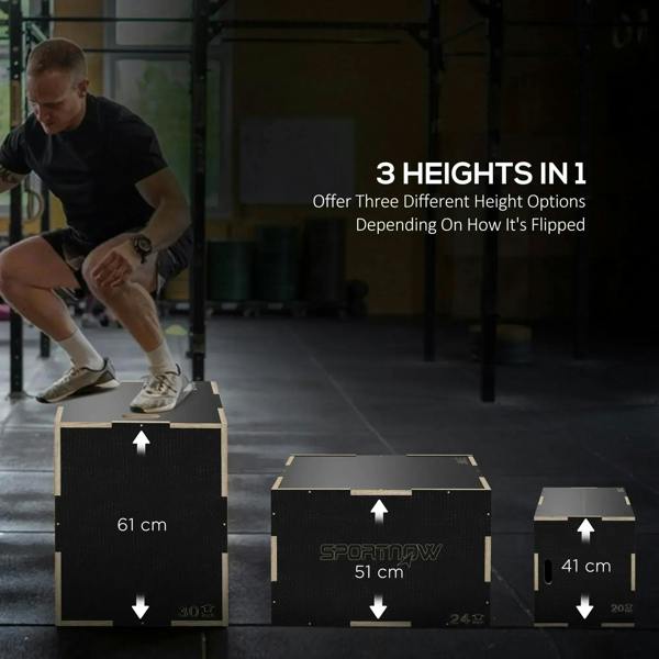 Black wooden jump box set showing three height positions, with flip-style design