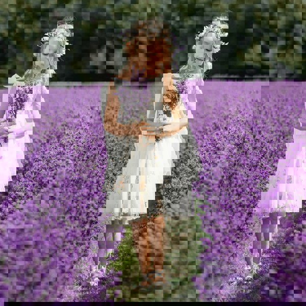 Young girl in a white dress holding lavender flowers in a field of purple lavender.