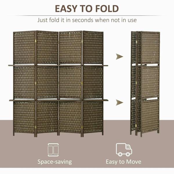 Folded brown 4-panel privacy screen divider with shelves, compact standing view