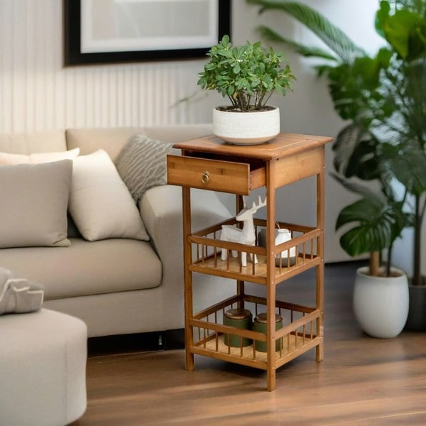 Rafaelo Mobilia 3 Tier Bamboo Tall Side Table With Drawer