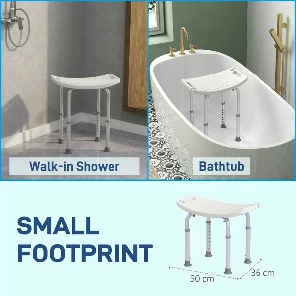 Height-adjustable bath stool with white seat and compact footprint for shower or bathtub