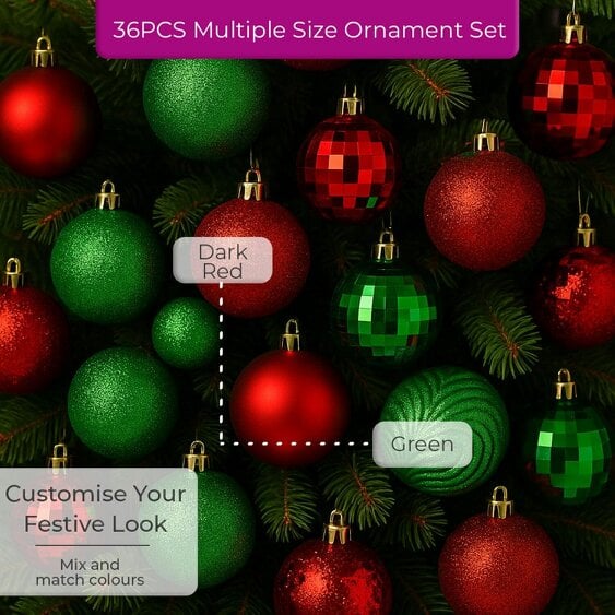 Neo Green 36 Christmas Tree Ornaments Set Baubles Glitter Balls Holiday Festive Decorations Assorted Sizes Colours Home Party Décor