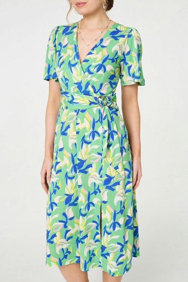 Green | Printed Belt Detail Wrap Midi Dress
