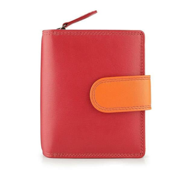 Red wallet with a orange strap on a white background