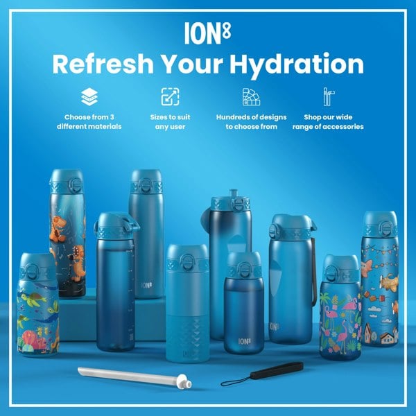 Several ION8 water bottles, of varying sizes and designs, are displayed on a blue surface. They are accompanied by accessories. The background is a light blue gradient.