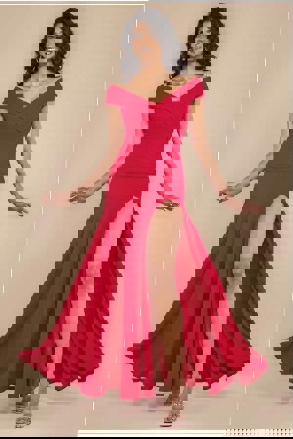 Scuba Crepe Off Shoulder Front Split Maxi Dress - Red DR2930SC
