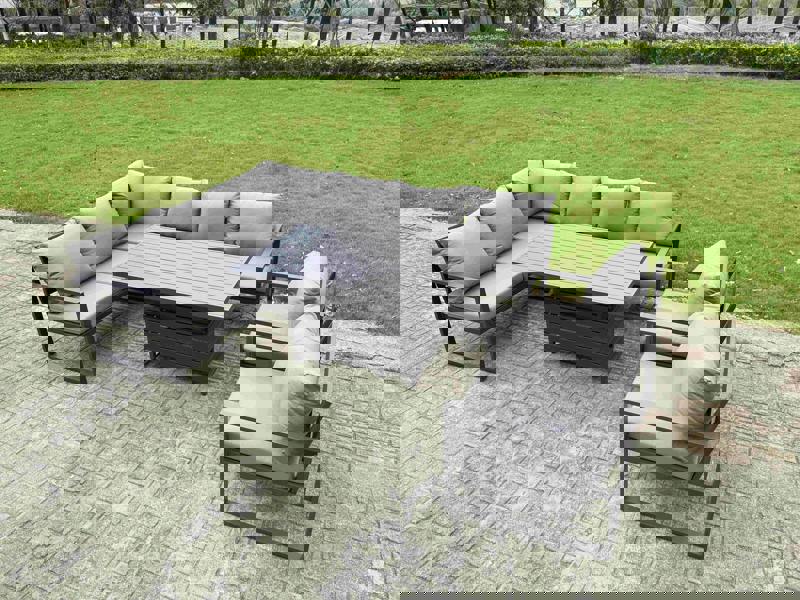 Fimous 8 Seater Aluminium Garden Furniture Set with Adjustable Rising Dining Table, Chair, Corner Sofa - Dark Grey