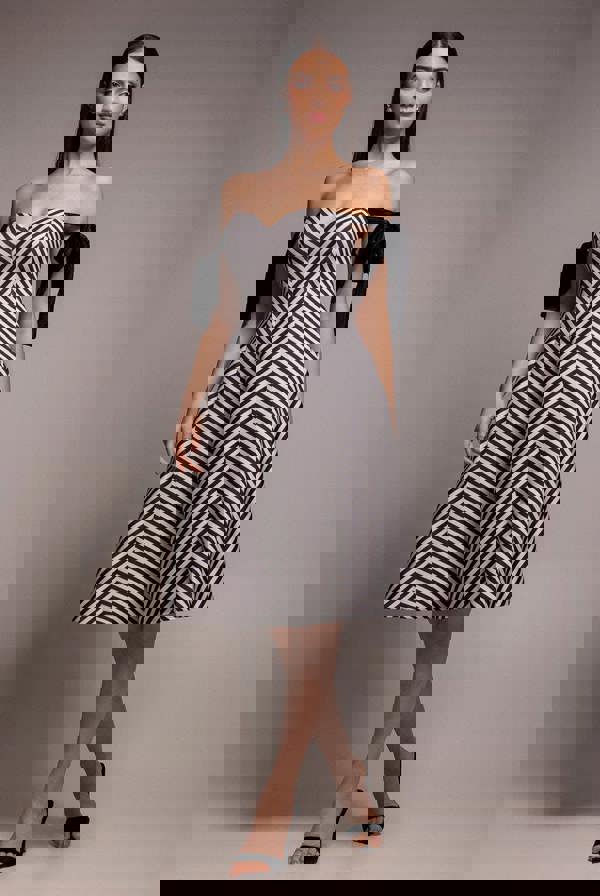 Diagonal Stripe Velvet Bow A Line Midi Dress - Black White DR5050